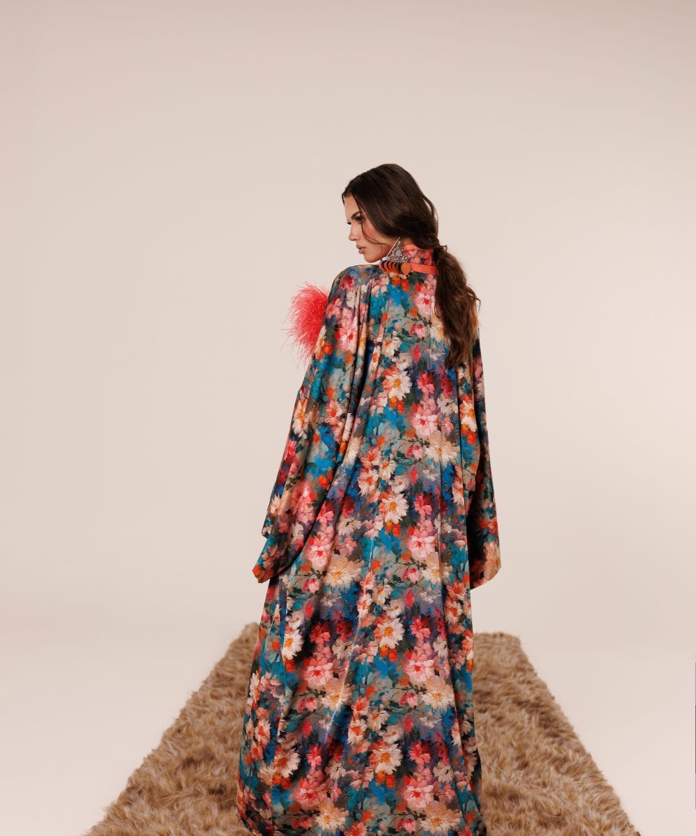 Floral desenli ipek karışımlı Coral Garden kimono arka görünüm