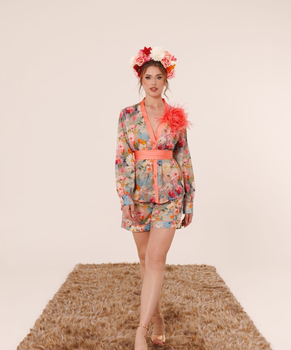 Flower Bomb pamuk keten floral desenli şort takım ön görünüm