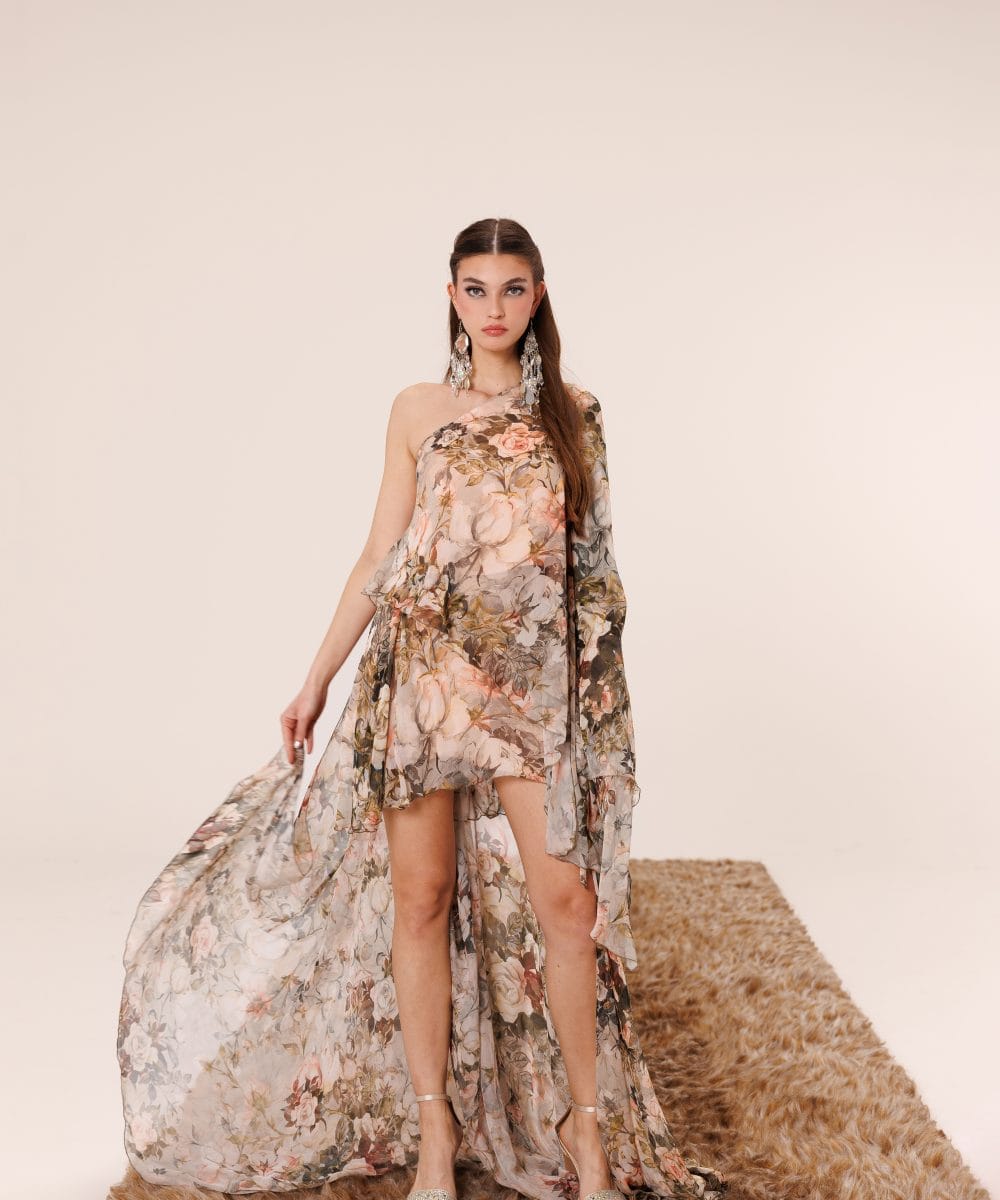 Asimetrik tek omuz kesimli floral %100 saf ipek şifon Secret Garden elbise ön görünüm