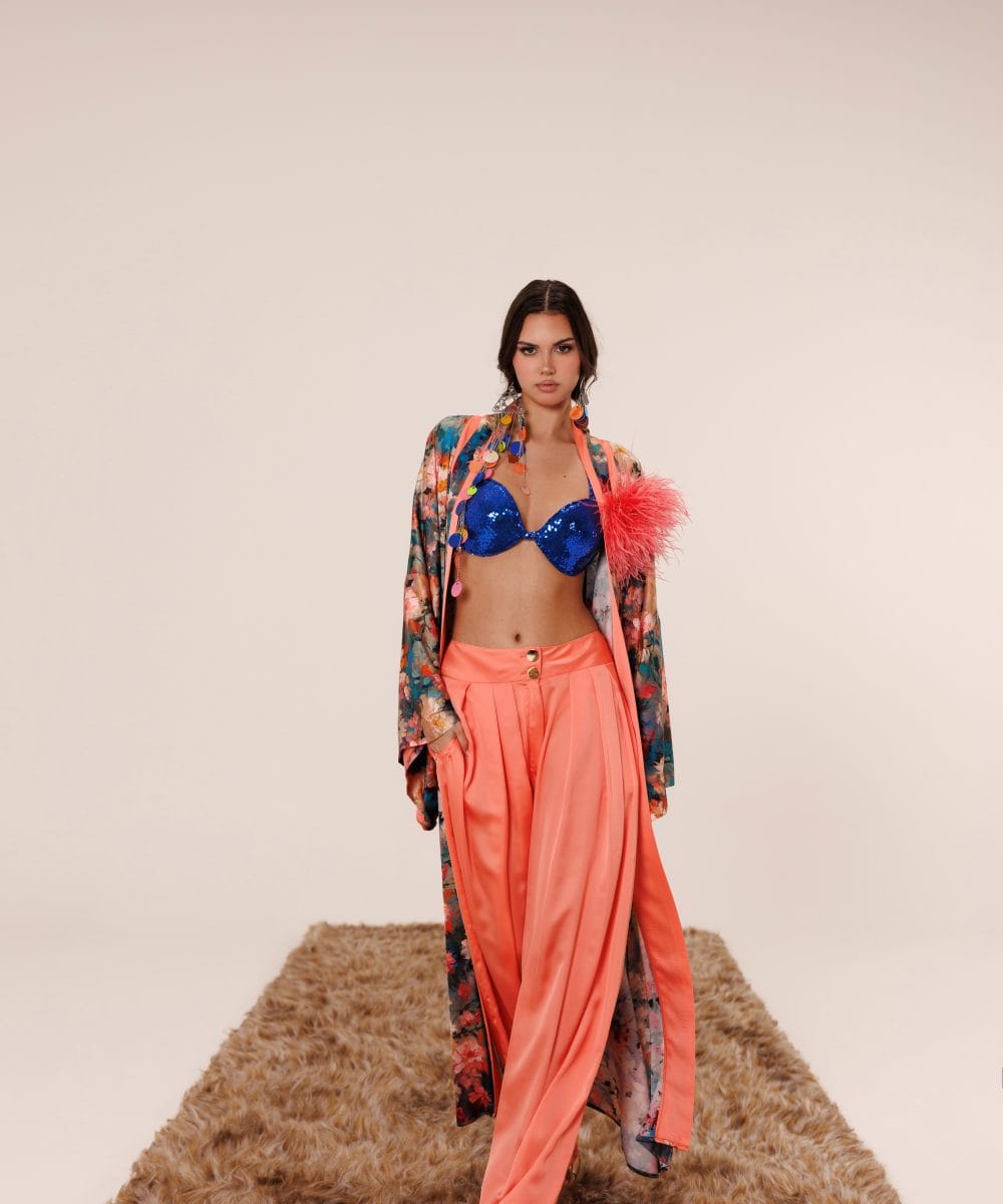 İpek karışımlı Coral Garden kimono pantolon takım ön görünüm