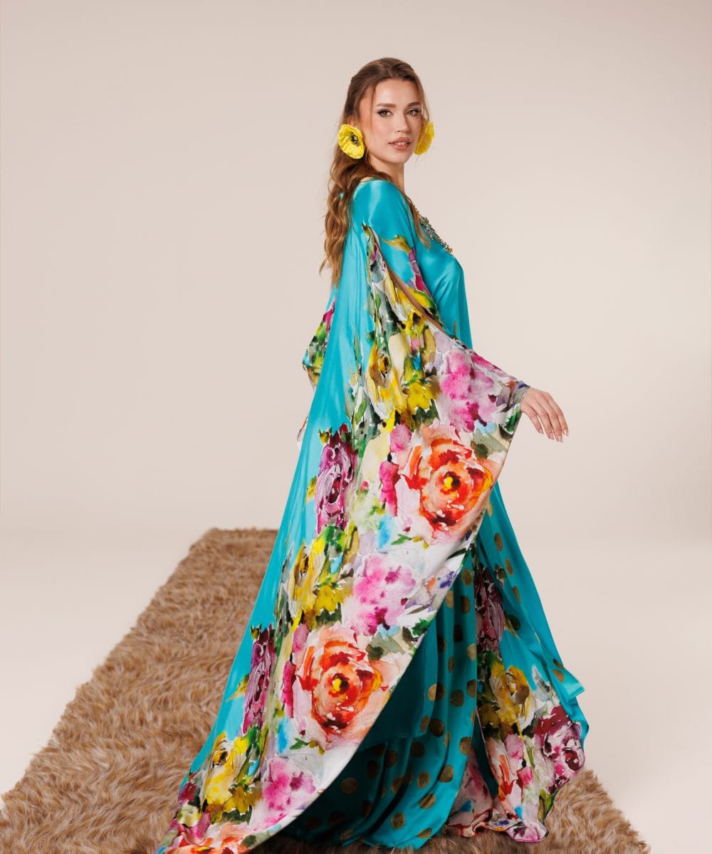 Turquoise Generalife mulberry ipek floral kaftan elbise ön görünüm