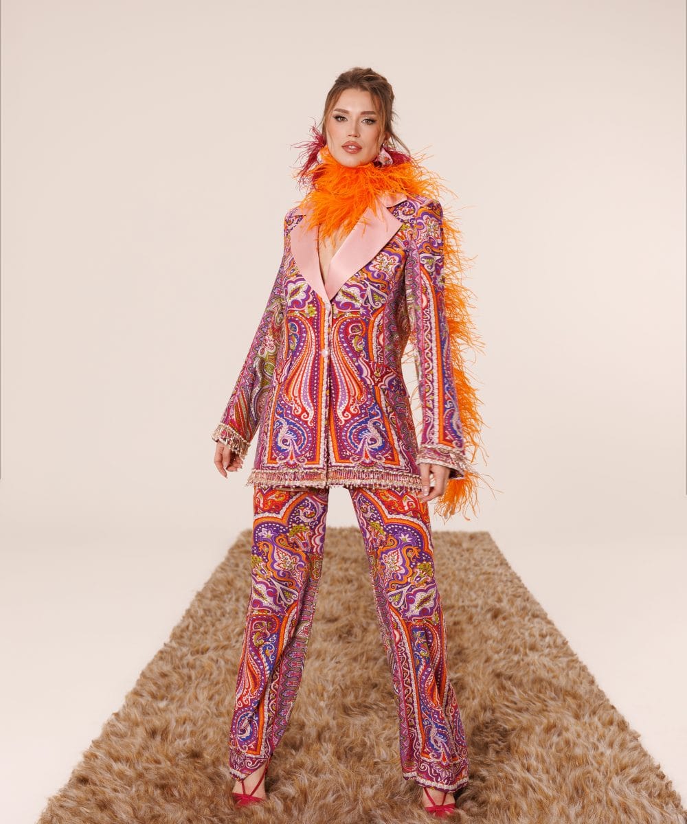 Shadows of Alhambra saf ipek desenli blazer pantolon luxury takım