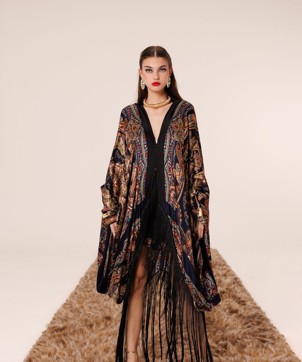 Püskül detaylı saf ipek Alhambra Nights kaftan elbise ön görünüm