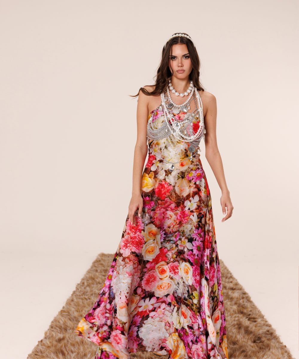 İnci detaylı üst tasarımı ve floral ipek dokusuyla Eden %100 saf Mulberry ipek elbise ön görünüm