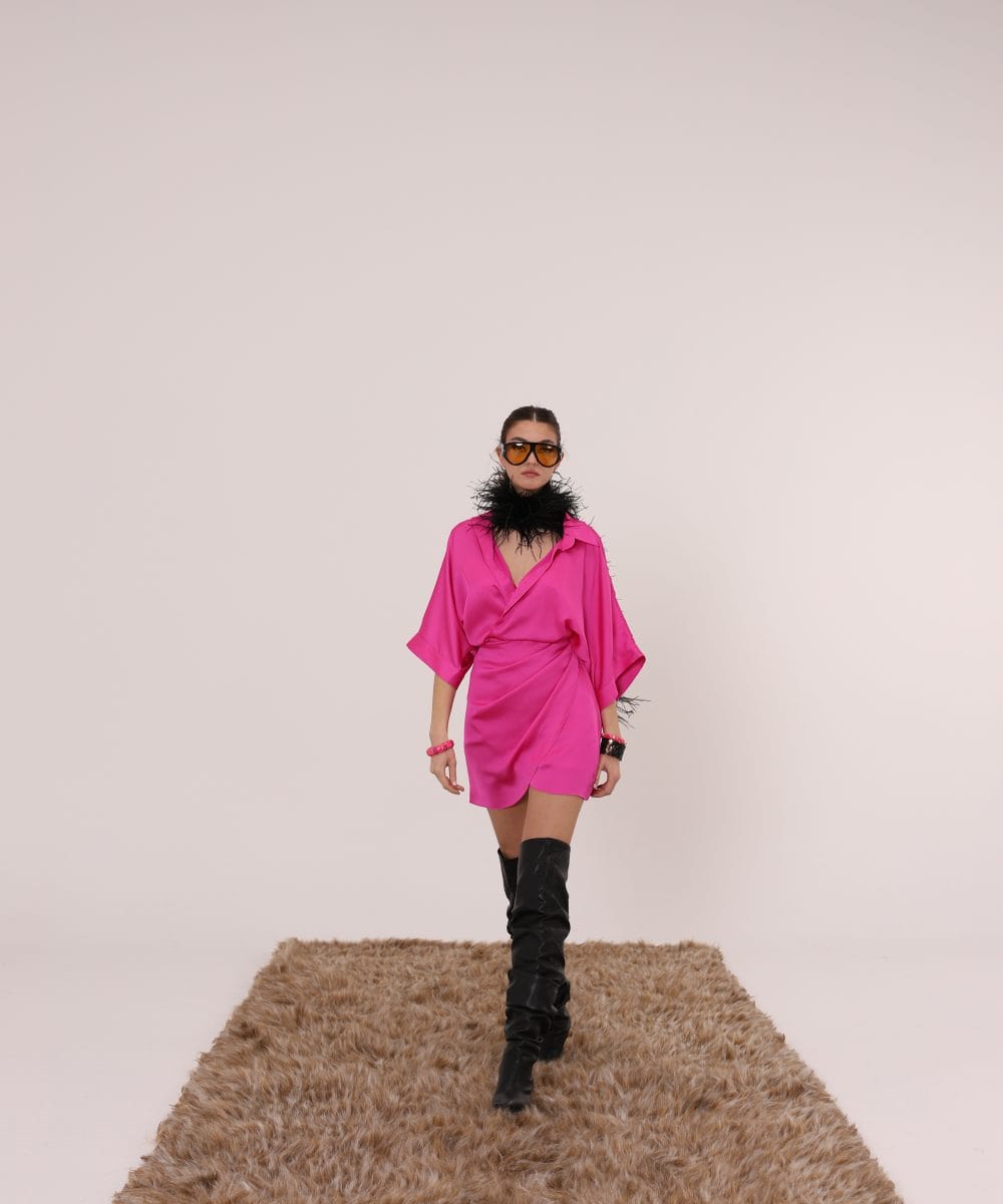 Imperial Magenta ipek karışımlı mini elbise canlı pembe luxury tasarım