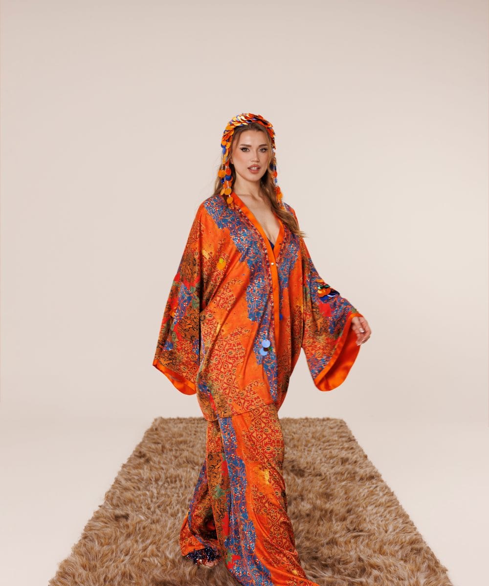 Sunset in Granada ipek karışımlı kimono pantolon takım ön görünüm