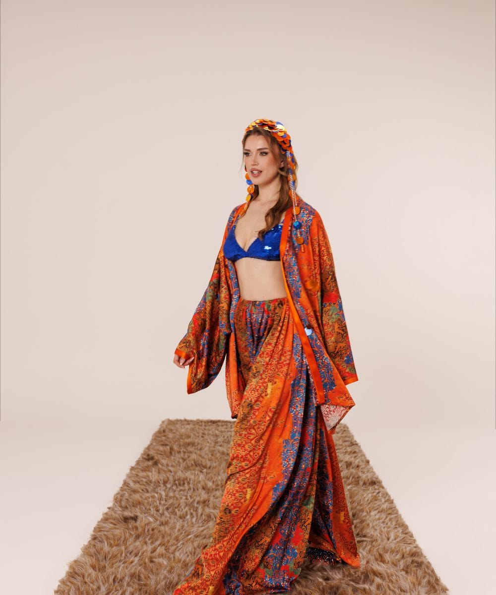 Sunset in Granada ipek kimono pantolon takım yandan görünüm